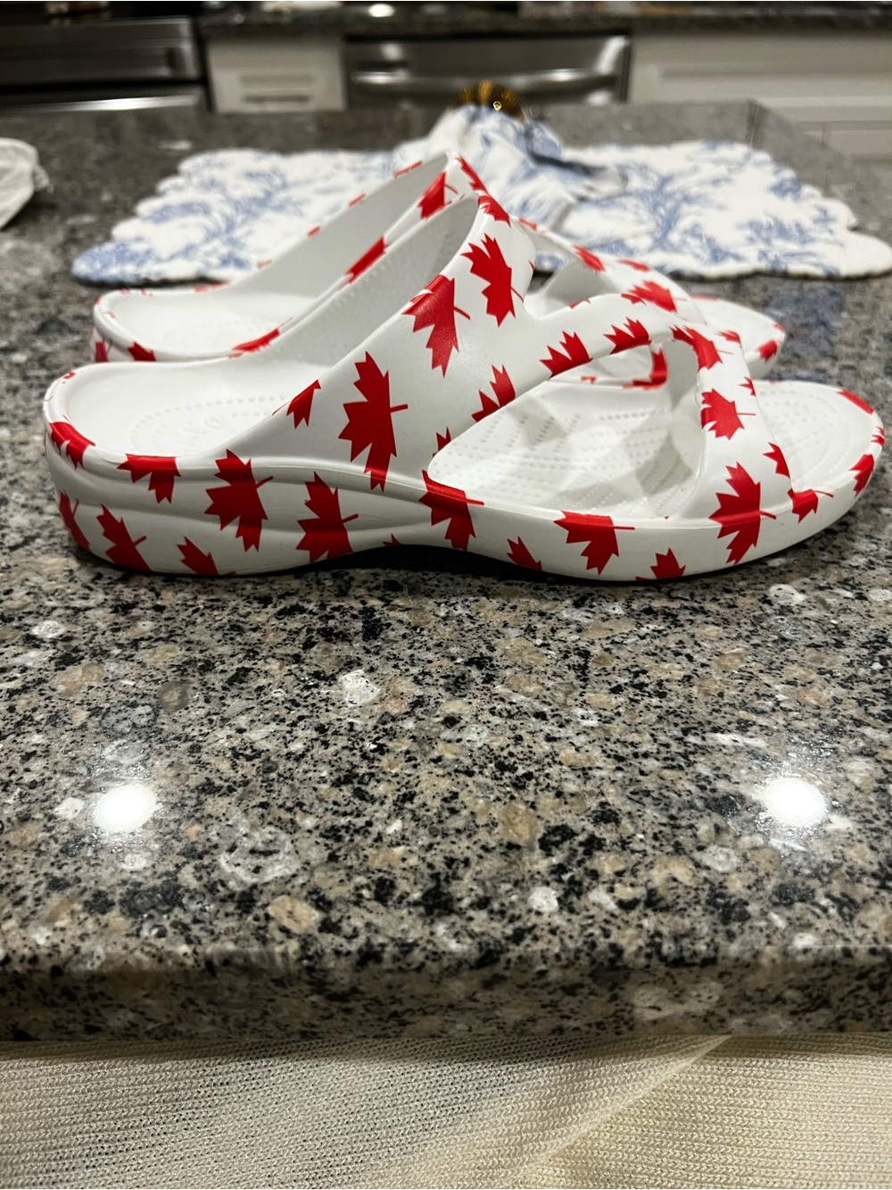 Dawgs White Slide Sandals with Red Maple Leaf Print